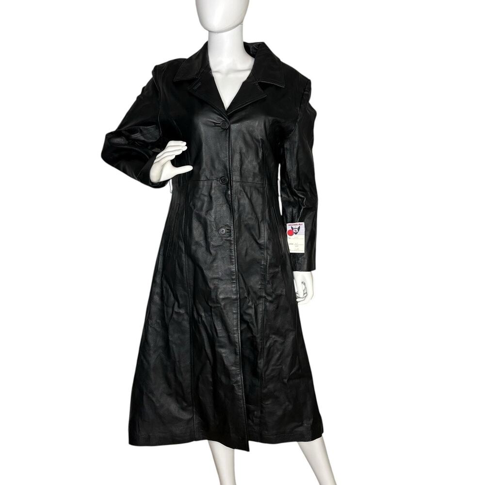 NWT Vtg 90s Genuine Leather Trench Coat Long Length Perfect Goth Black Sz XS